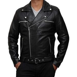 Men’s Real Leather Black Genuine Leather Biker Jacket XXXL SIZE 48 - Negan